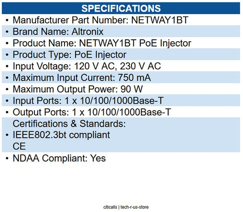 Altronix NETWAY1BT PoE Injector 120 V AC, 230 V AC Input - 1 x 10/100/1000Base-T