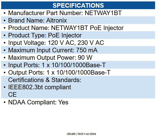 Altronix NETWAY1BT PoE Injector 120 V AC, 230 V AC Input - 1 x 10/100/1000Base-T
