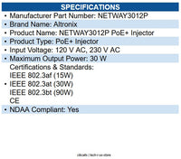 Altronix NETWAY3012P PoE+ Injector 120 V AC, 230 V AC Input - 30 W