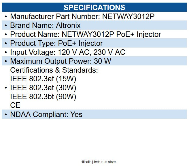 Altronix NETWAY3012P PoE+ Injector 120 V AC, 230 V AC Input - 30 W