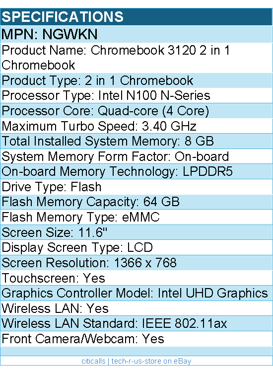 Dell NGWKN Chromebook 3000 3120 11.6" Touchscreen Convertible 2 in 1