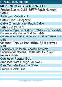 StarTech NLBL-3F-CAT8-PATCH 3ft Blue CAT8 Ethernet Cable, Snagless RJ45