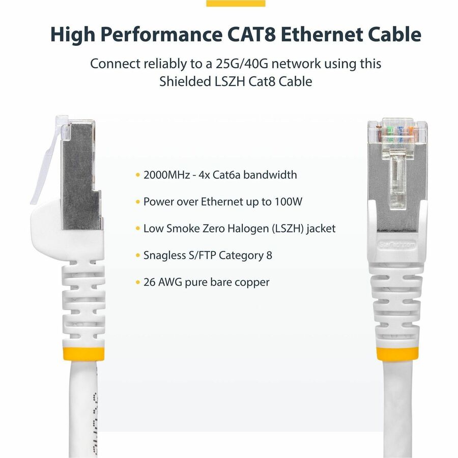 StarTech NLWH25FCAT8PATCH 25ft White CAT8 Ethernet Cable, Snagless RJ45