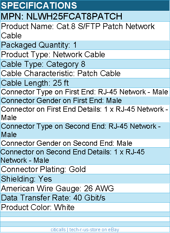 StarTech NLWH25FCAT8PATCH 25ft White CAT8 Ethernet Cable, Snagless RJ45