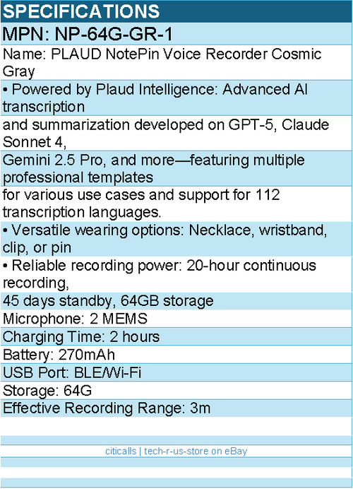 PLAUD NP-64G-GR-1 NotePin Voice Recorder Cosmic Gray Retail