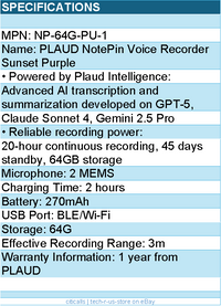 PLAUD NP-64G-PU-1 NotePin Voice Recorder Sunset Purple Retail