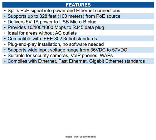 Eaton NPOE-SPL-G-5VMU PoE to USB Micro-B and RJ45 Active Splitter 802.af, 48V