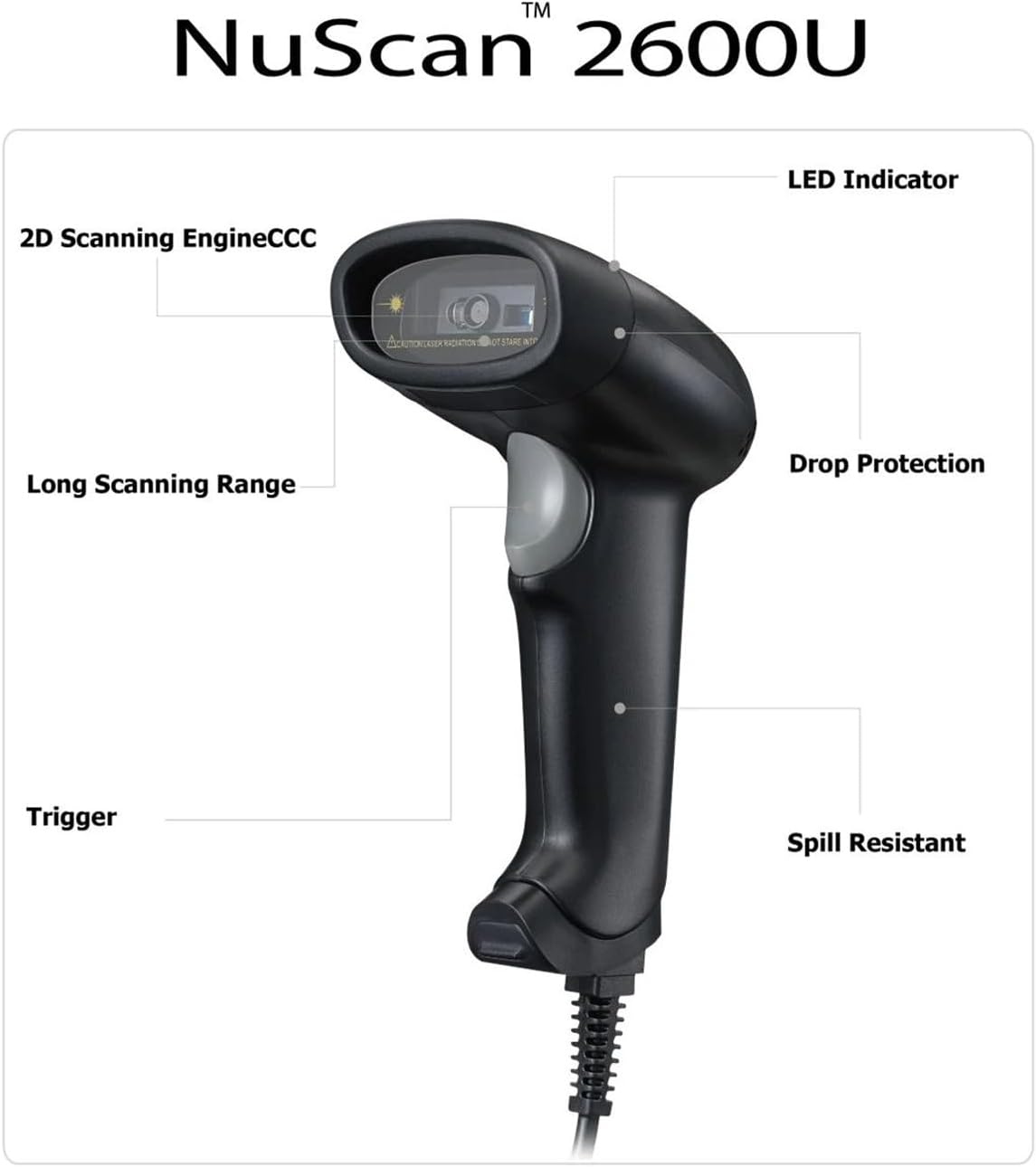 Adesso NUSCAN2600U Handheld 2D Barcode Scanner - Cable - 1D, 2D - LED