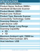 Adesso NUSCAN2600U Handheld 2D Barcode Scanner - Cable - 1D, 2D - LED