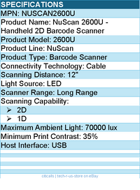 Adesso NUSCAN2600U Handheld 2D Barcode Scanner - Cable - 1D, 2D - LED