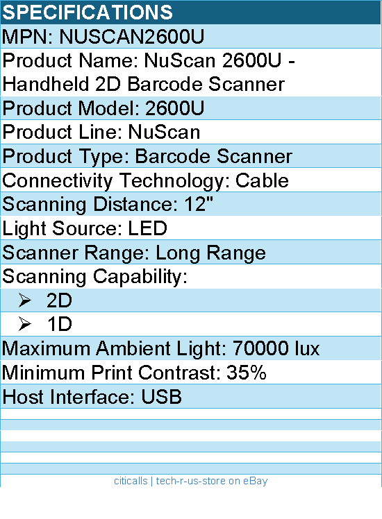 Adesso NUSCAN2600U Handheld 2D Barcode Scanner - Cable - 1D, 2D - LED