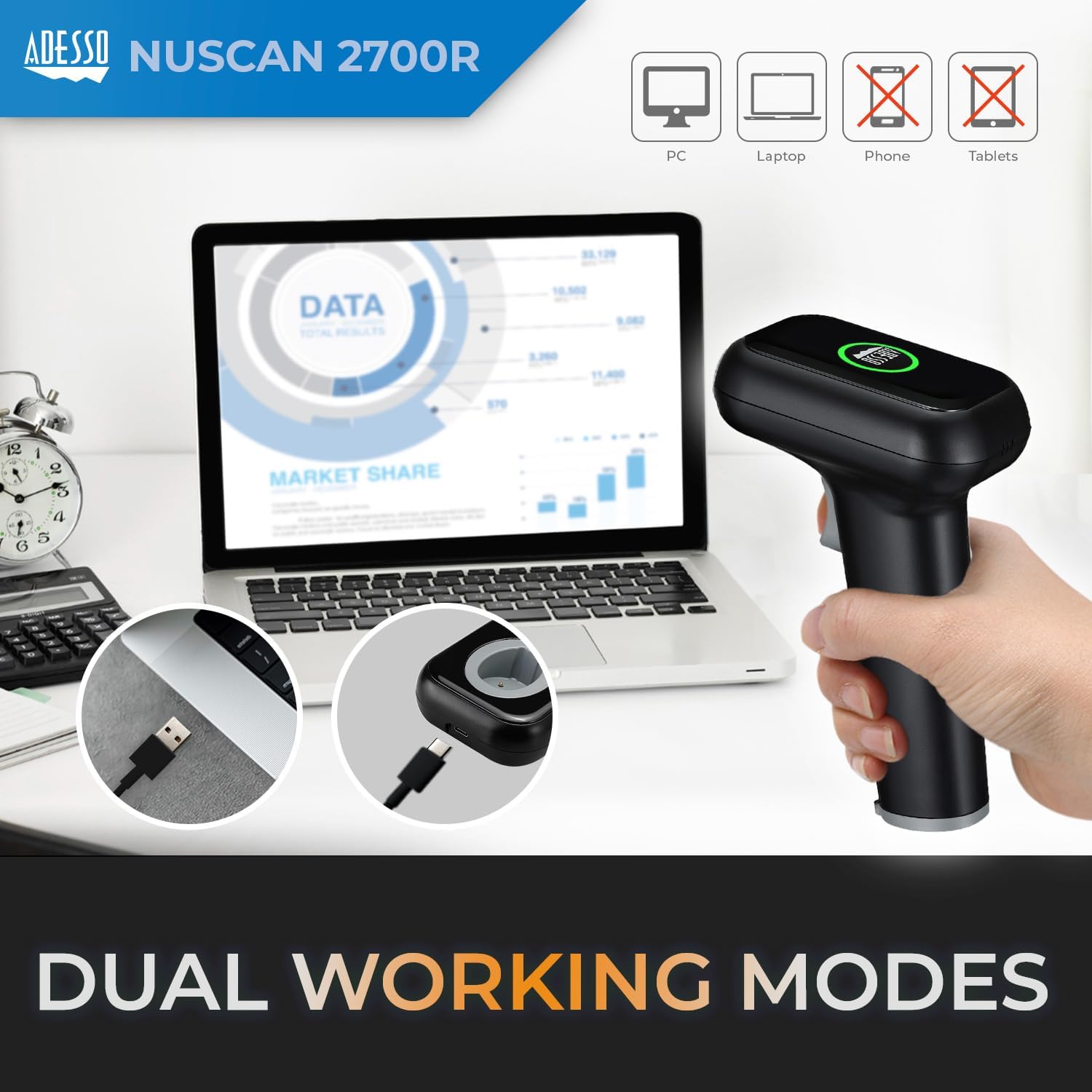 Adesso NUSCAN2700R 2D Wireless Barcode Scanner with Charging Cradle