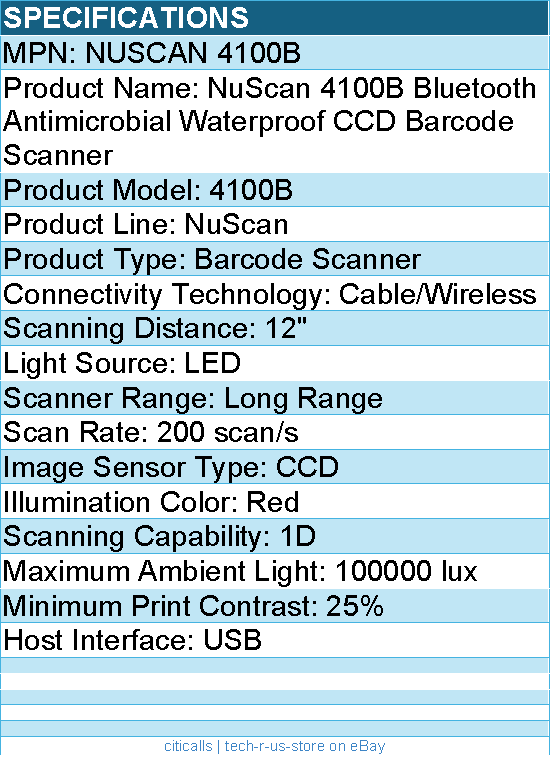 Adesso NuScan 4100B Bluetooth Antimicrobial Waterproof CCD Barcode Scanner