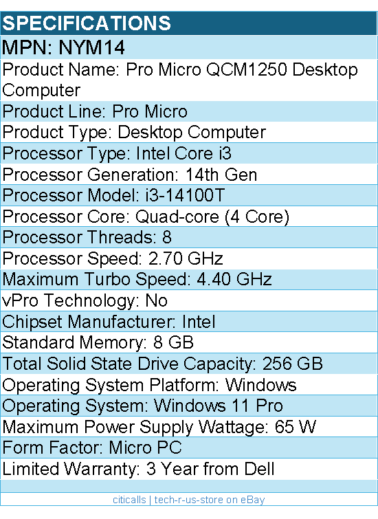 Dell NYM14 Pro Micro QCM1250 Desktop Computer - Intel Core i3 14th Gen