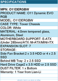 Lian-Li O11DERGBW Computer Case - Mid Tower TG 2x3.5HDD or 2.5 SSD White Retail