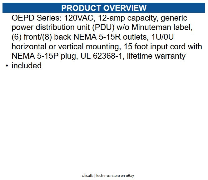 Minuteman Power OEPD1415HV PDU 14-outlet 15A Horiz/Vert 5-15P