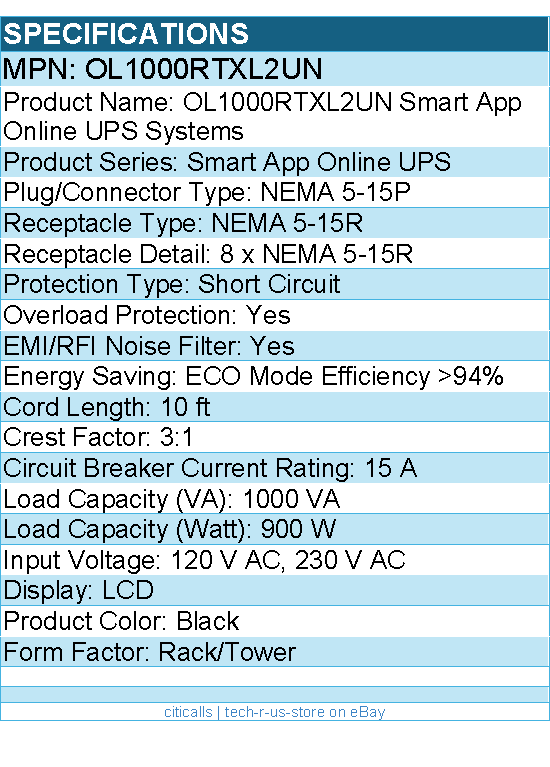 CyberPower OL1000RTXL2UN Smart App Online UPS Systems - 1000VA/900W, 100 - 125 V