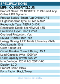 CyberPower OL1000RTXL2UN Smart App Online UPS Systems - 1000VA/900W, 100 - 125 V