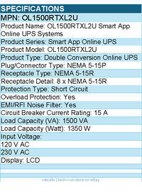 CyberPower OL1500RTXL2U Smart App Online UPS Systems - 1500VA/1350W, 100 - 125 V