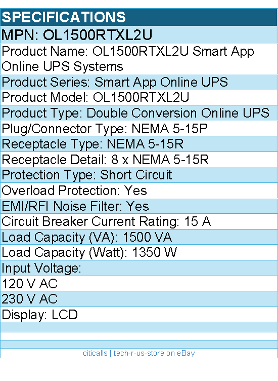CyberPower OL1500RTXL2U Smart App Online UPS Systems - 1500VA/1350W, 100 - 125 V