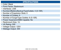 CyberPower OR500LCDRM1U 500VA/300W 1U Rackmount UPS 6 NEMA 5-15R, NEMA 5-15P