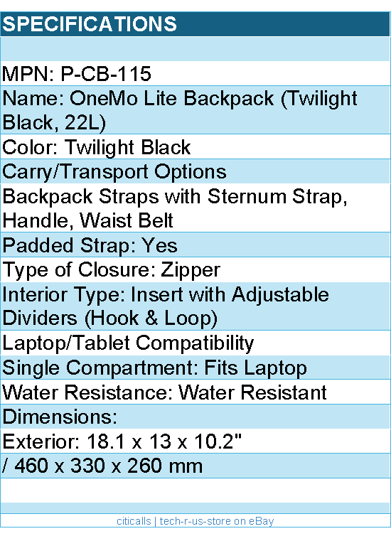 PGYTECH P-CB-115 OneMo Lite Backpack 22L (Twilight Black) Retail