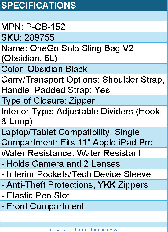 PGYTECH P-CB-152 OneGo Solo Sling Bag V2 (Obsidian, 6L)
