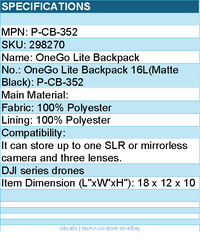 PGYTECH P-CB-352 OneGo Lite Backpack 16L (Matte Black) Retail