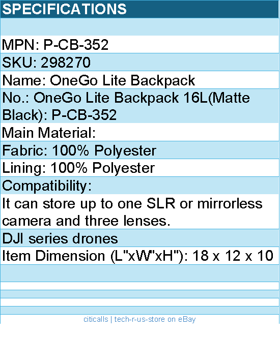 PGYTECH P-CB-352 OneGo Lite Backpack 16L (Matte Black) Retail