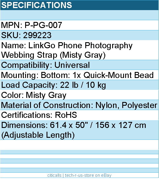 PGYTECH P-PG-007 LinkGo Phone Photography Strap - Webbing - Misty Gray - Retail