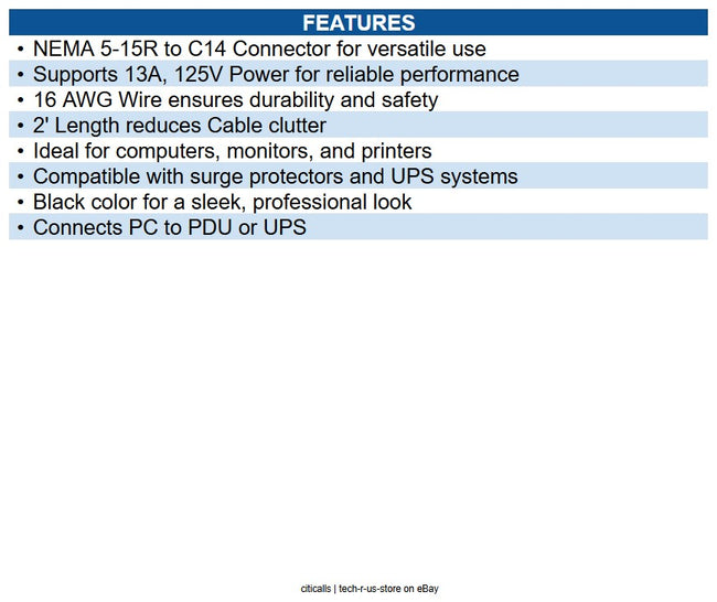 Eaton P002-002 NEMA 5-15R to C14 Computer AC Power Cable - 13A, 125V, 16 AWG