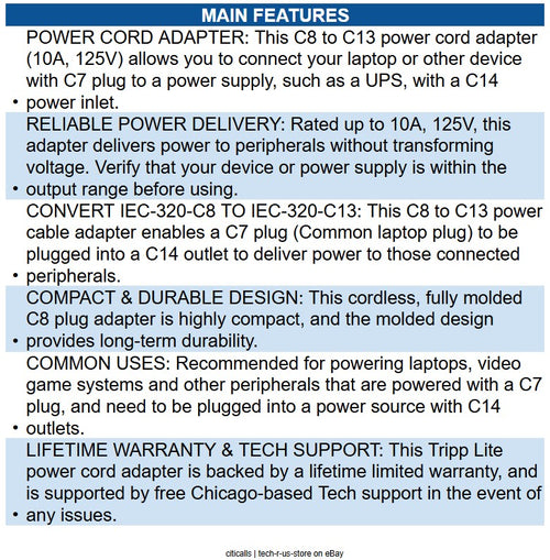 Eaton P003-000 Power Cord Adapter, C8 to C13 - 10A, 125V, Black