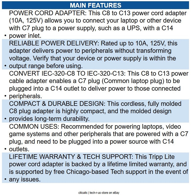 Eaton P003-000 Power Cord Adapter, C8 to C13 - 10A, 125V, Black