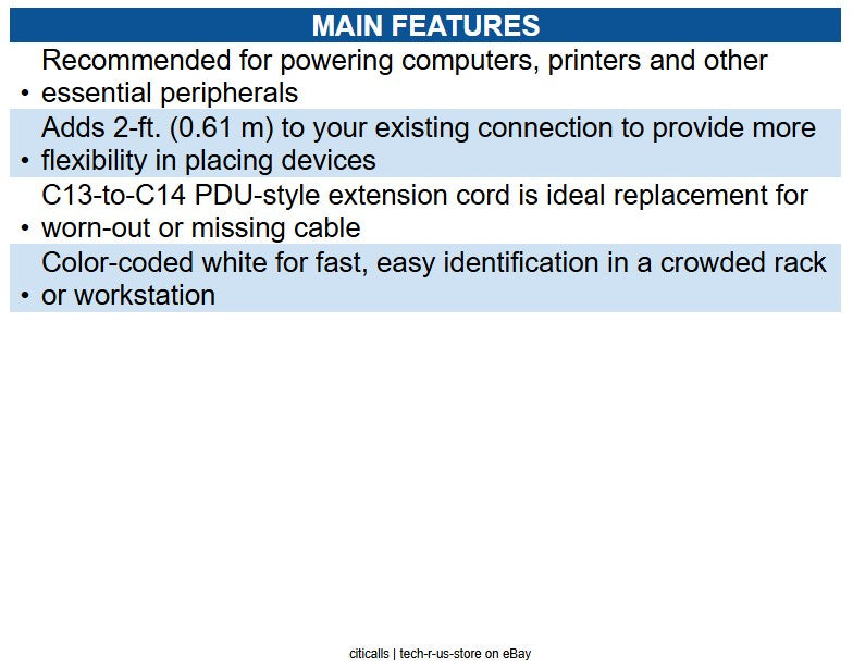 Eaton P004-002-AWH PDU Power Cord, C13 to C14 - 10A, 250V, 18 AWG, 2 ft. 0.61 m