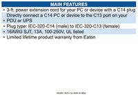 Eaton P004-003-13A PDU Power Cord C13 to C14 - 13A, 250V, 16 AWG, 3 ft. (0.91 m)