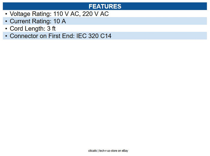 Eaton P004-003 PDU Power Cord C13 to C14 10A 250V 18 AWG 3 ft. (0.91 m) Black