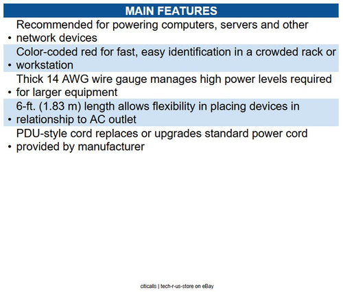 Eaton P005-006-ARD Heavy-Duty PDU Power Cord, C13 to C14 - 15A, 250V, 14 AWG