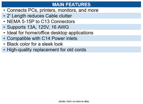 Eaton P006-002-13A 2' Power Cord, NEMA 5-15P to C13, 13A, 125V, 16 AWG, Black