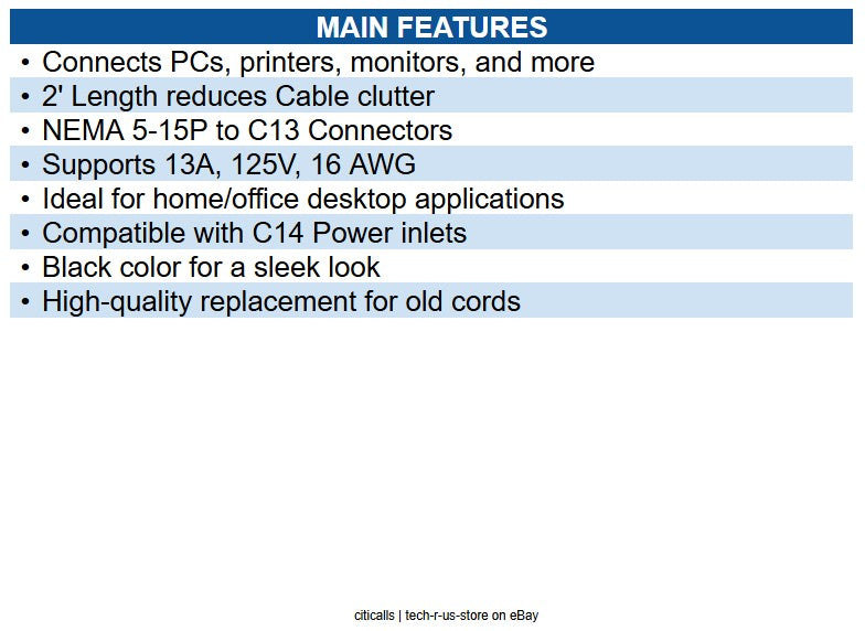 Eaton P006-002-13A 2' Power Cord, NEMA 5-15P to C13, 13A, 125V, 16 AWG, Black