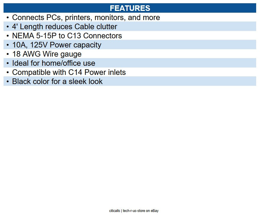 Eaton P006-004 Desktop Computer AC Power Cable NEMA 5-15P to C13