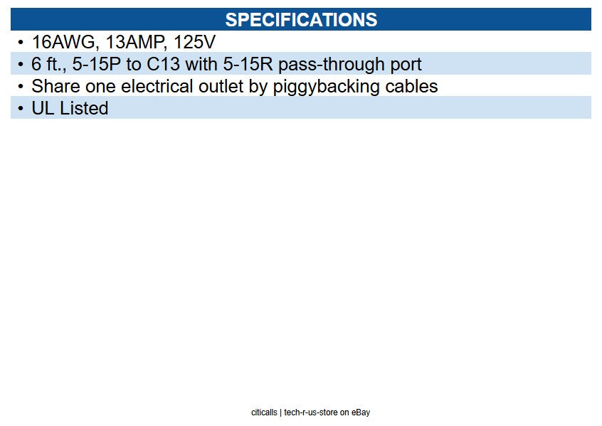 Eaton P006-006-515MF Piggyback Extension Cord, NEMA 5-15P/5-15R to C13 - 13A