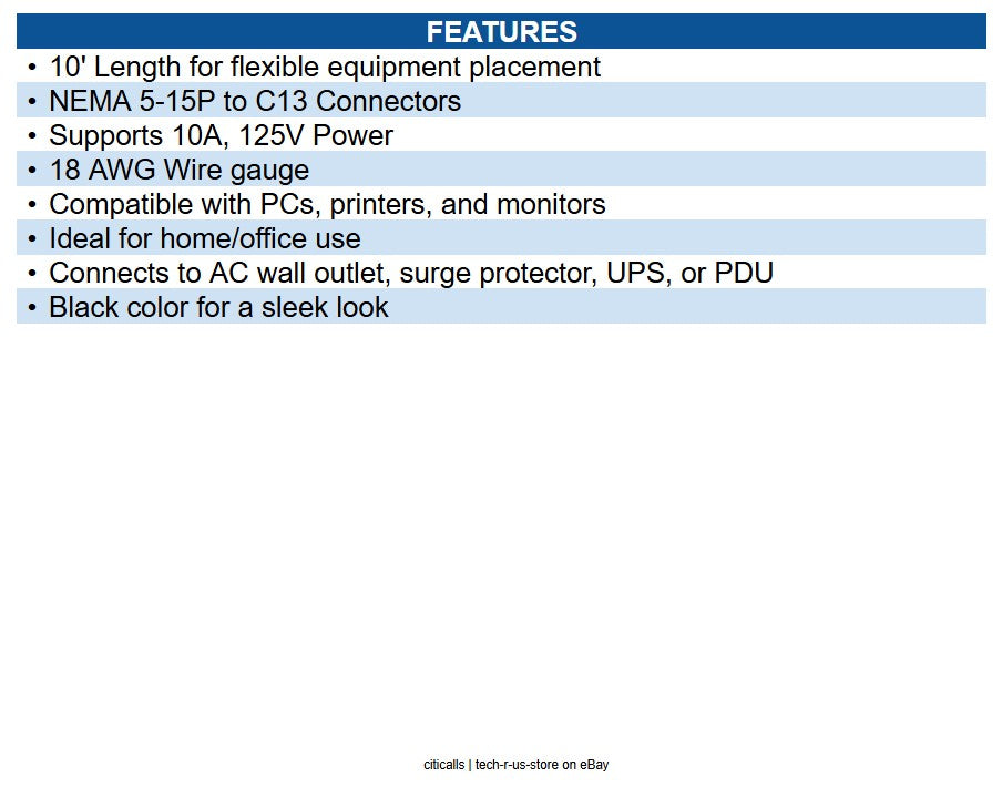 Eaton P006-010 Desktop Computer AC Power Cable, NEMA 5-15P to C13 - 10A, 125V