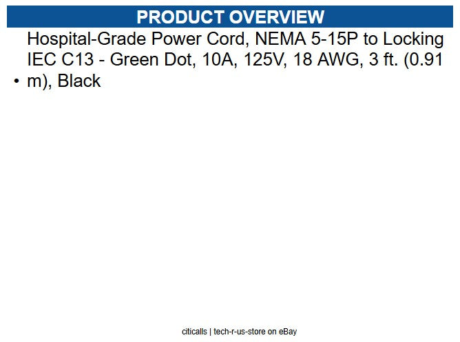 Eaton P006-L03-HG10 Hospital-Grade Power Cord, NEMA 5-15P to Locking IEC C13