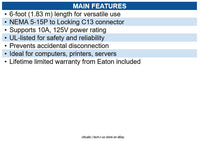 Eaton P006-L06 Computer Power Cord NEMA 5-15P to Locking C13 - 10A, 125V, 18 AWG