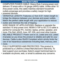 Eaton P007-002 Computer Power Cord, NEMA 5-15P to C13 - Heavy-Duty, 15A, 125V