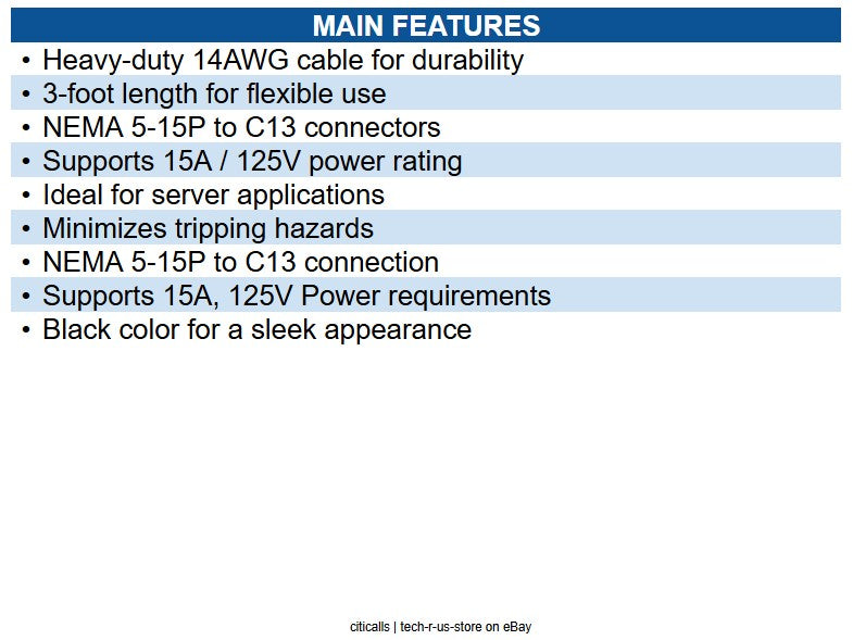 Eaton P007-003 Computer Power Cord, NEMA 5-15P to C13 Heavy-Duty, 15A, 125V