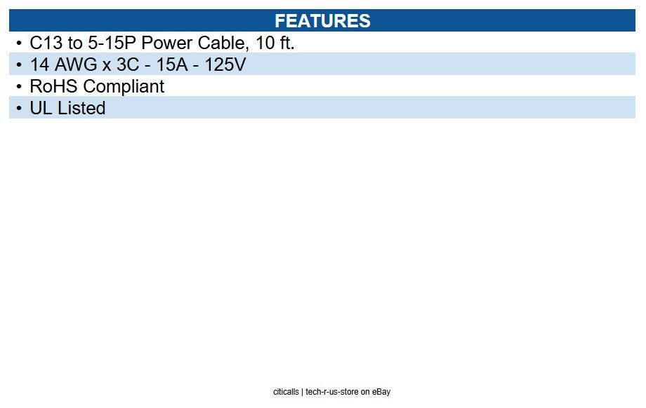 Eaton P007-010 Computer Power Cord NEMA 5-15P to C13 Heavy-Duty 15A 125V - 10 ft