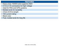 Eaton P018-003 Power Cord C14 to C15 - Heavy-Duty, 15A, 250V, 14 AWG, 3 ft.