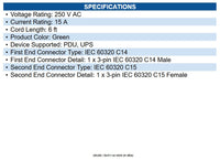 Eaton P018-006-AGN Power Cord C14 to C15 Heavy-Duty, 15A, 250V, 14 AWG, 6 ft.