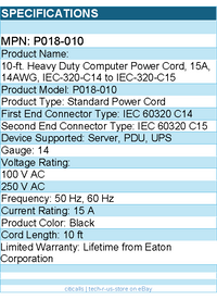 Eaton Tripp Lite Series P018-010 Power Cord C14 to C15 - Heavy-Duty, 15A, 250V